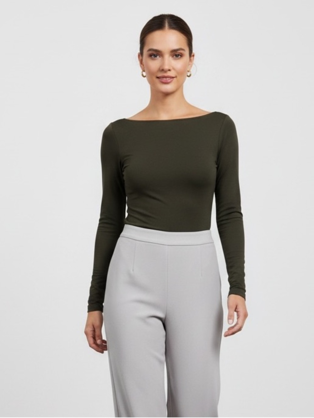 1561 • Dark Olive Buttery Soft  Long Sleeve Microfiber Bateau Neck Top